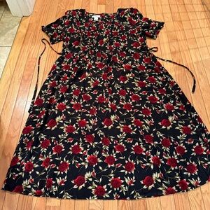 Floral Black Red Rose Pleated Bodice Waist Tie Midi Zip up Back Dress Y2K